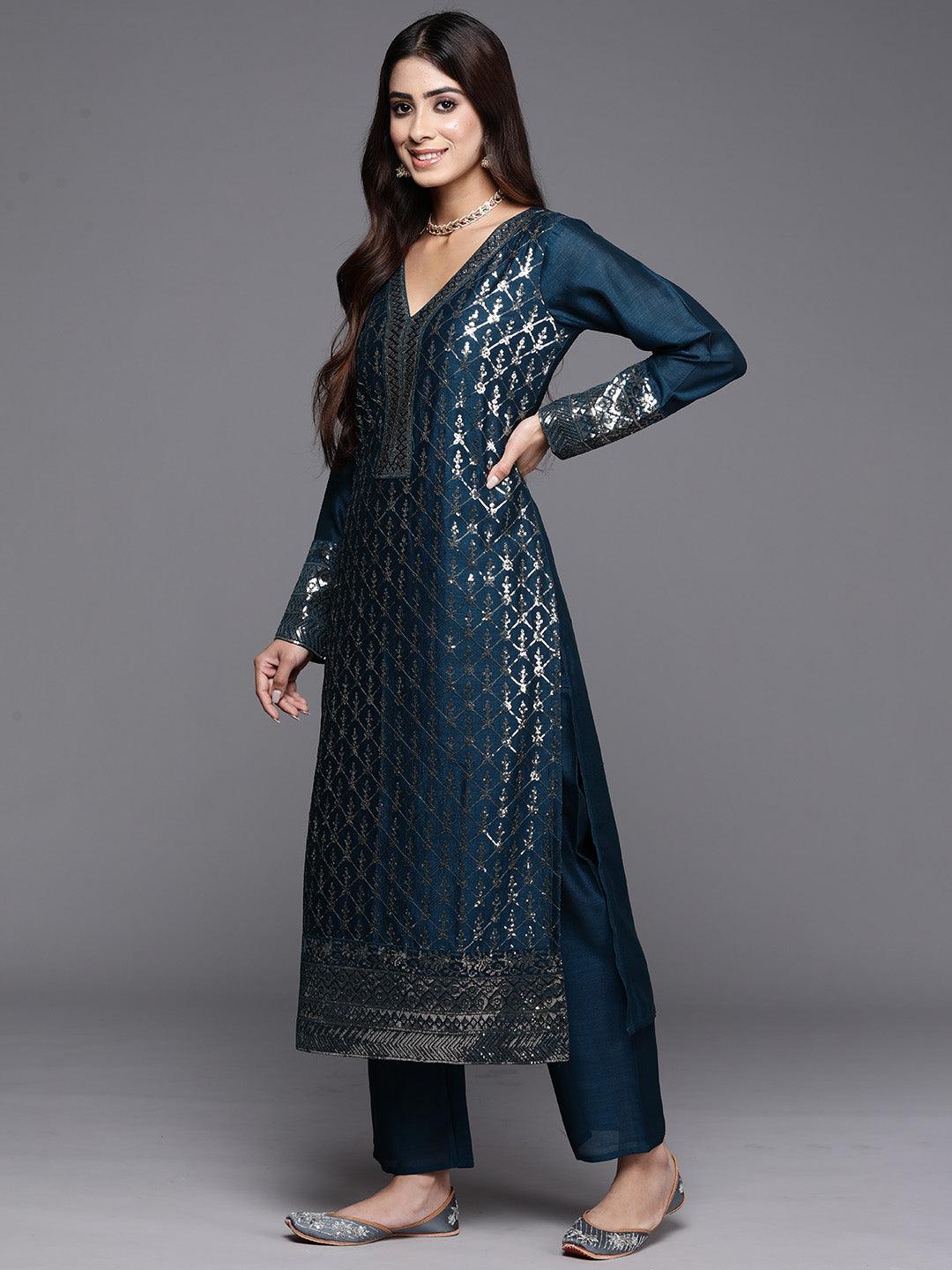 Teal Embroidered Silk Blend Straight Kurta With Trousers & Dupatta - ShopLibas