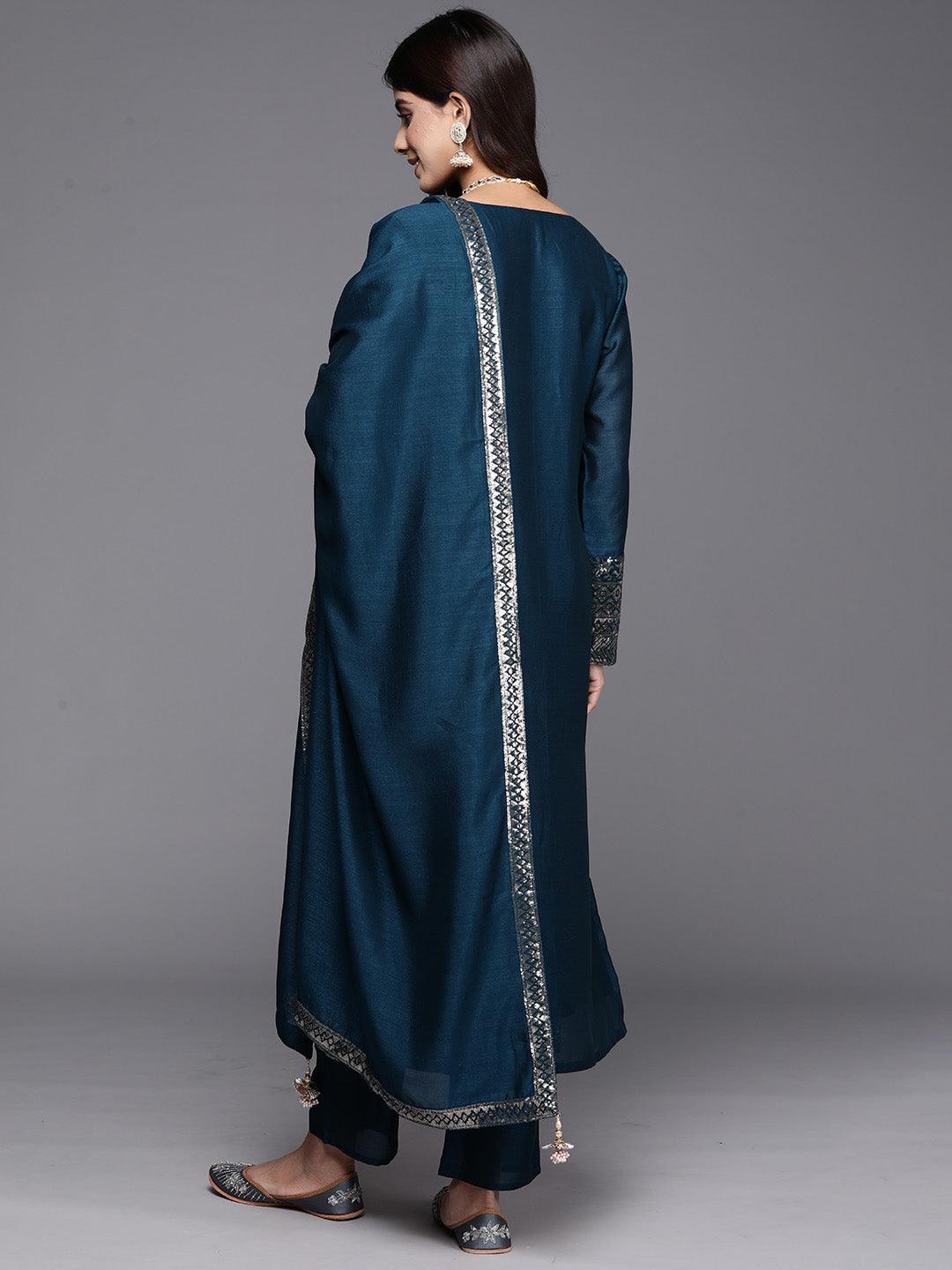 Teal Embroidered Silk Blend Straight Kurta With Trousers & Dupatta - ShopLibas