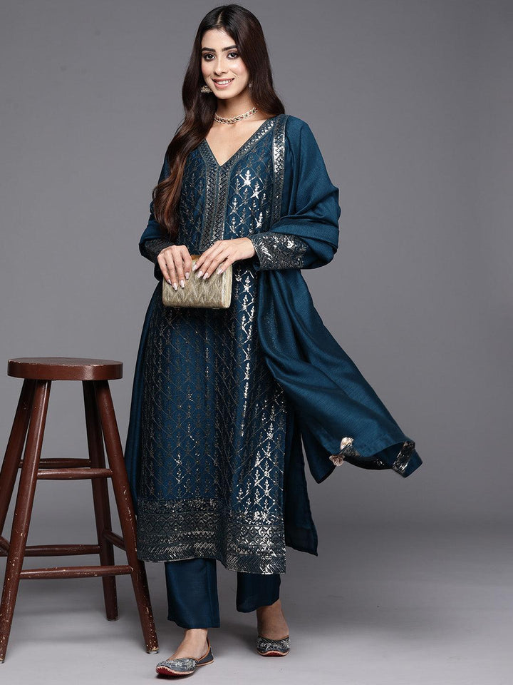 Teal Embroidered Silk Blend Straight Kurta With Trousers & Dupatta - ShopLibas