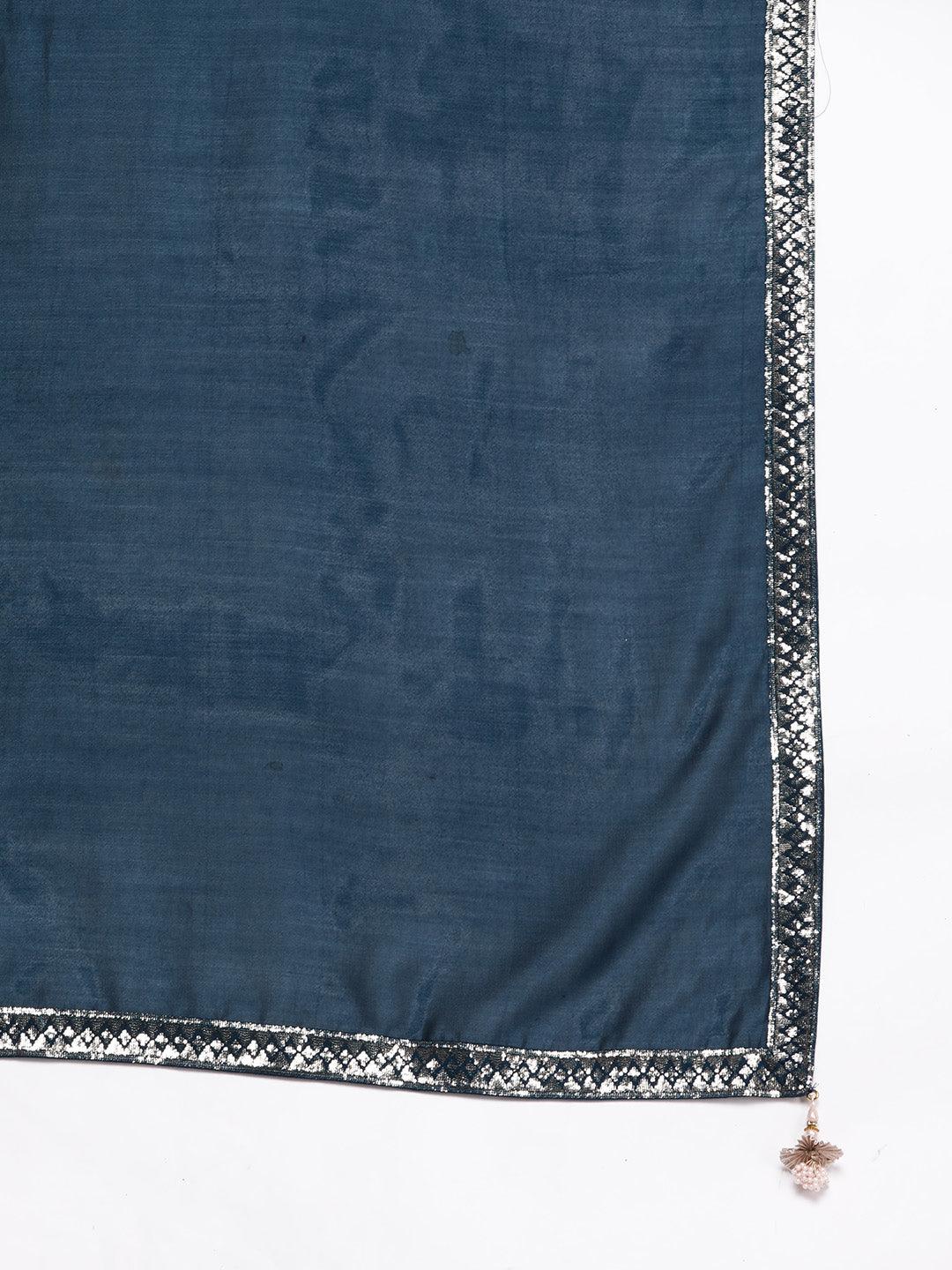 Teal Embroidered Silk Blend Straight Kurta With Trousers & Dupatta - ShopLibas
