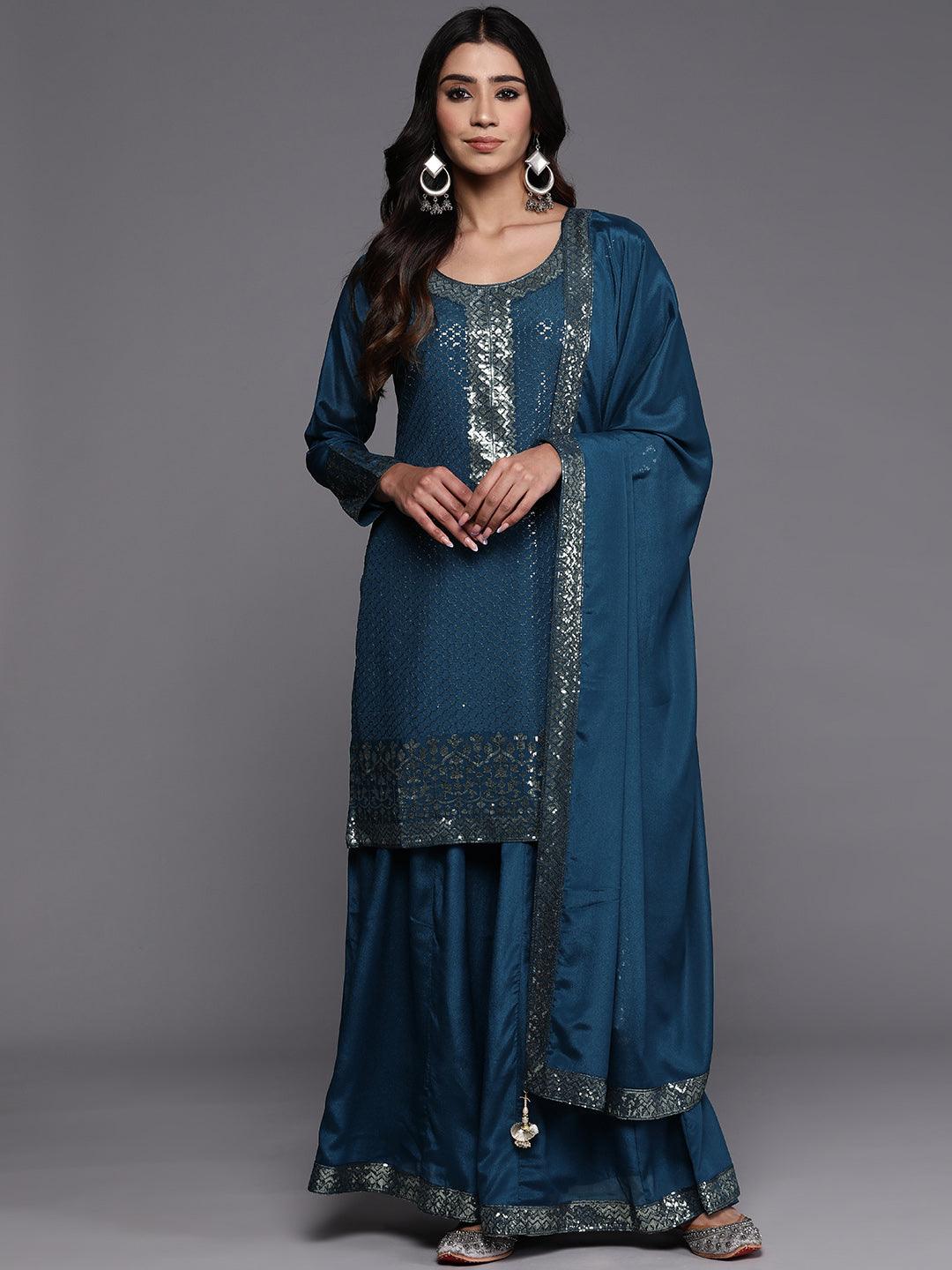 Libas Art Teal Self Design Georgette Straight Kurta With Palazzos & Dupatta - ShopLibas