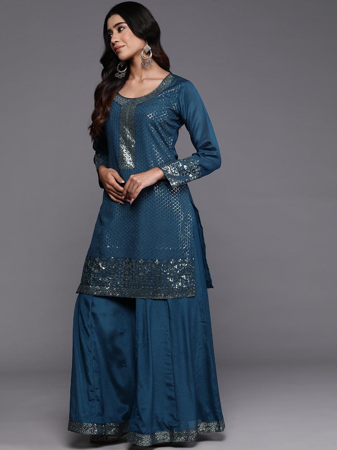 Libas Art Teal Self Design Georgette Straight Suit With Dupatta