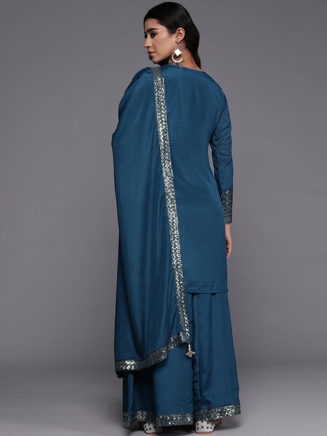 Libas Art Teal Self Design Georgette Straight Kurta With Palazzos & Dupatta - ShopLibas