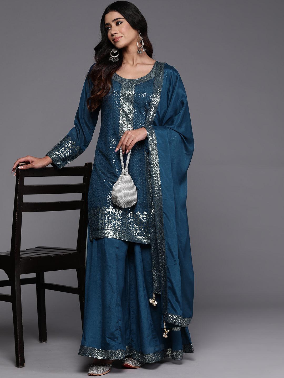 Libas Art Teal Self Design Georgette Straight Suit With Dupatta