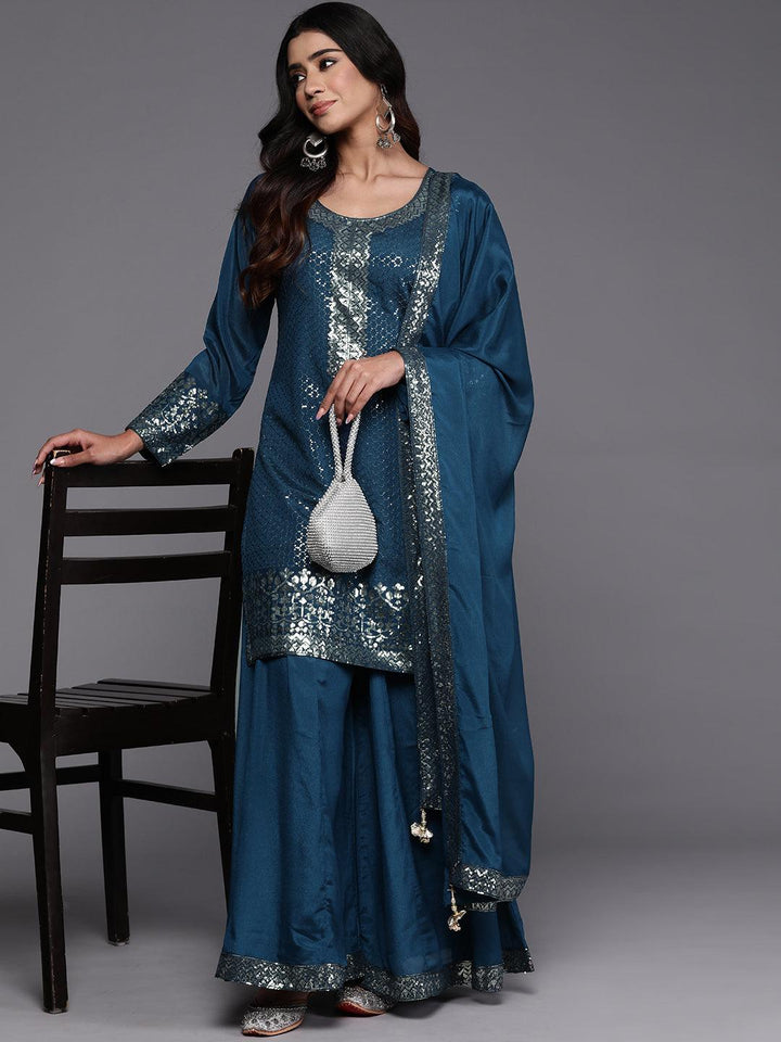 Libas Art Teal Self Design Georgette Straight Kurta With Palazzos & Dupatta - ShopLibas