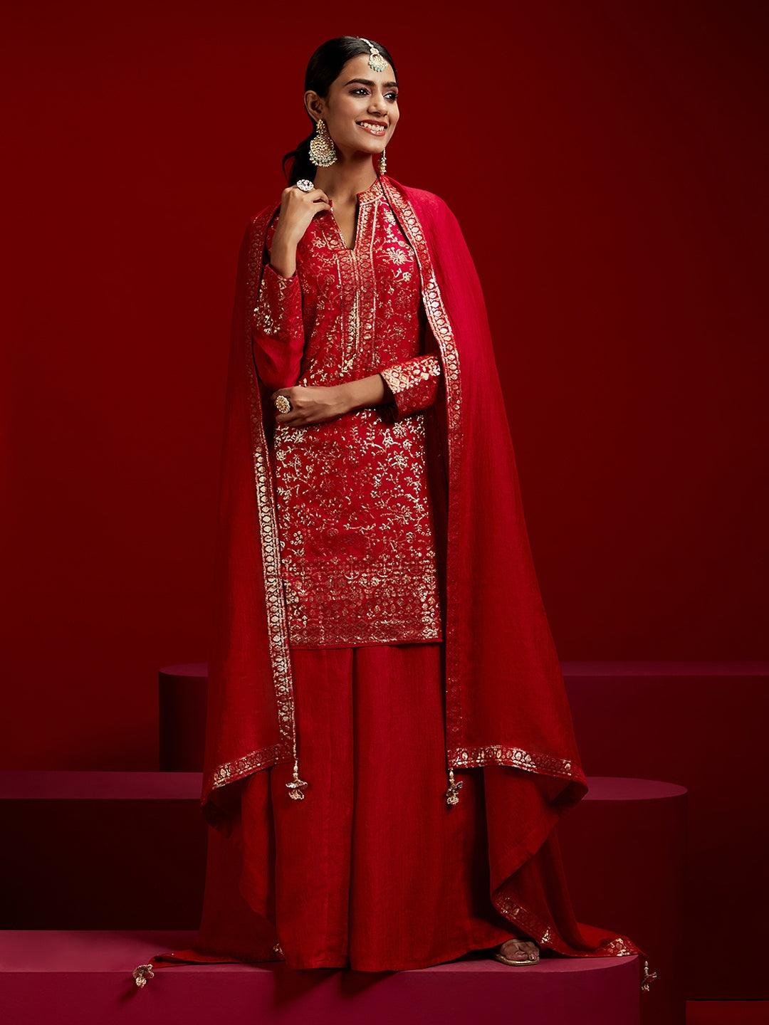 Libas Art Red Self Design Silk Blend Straight Suit With Dupatta