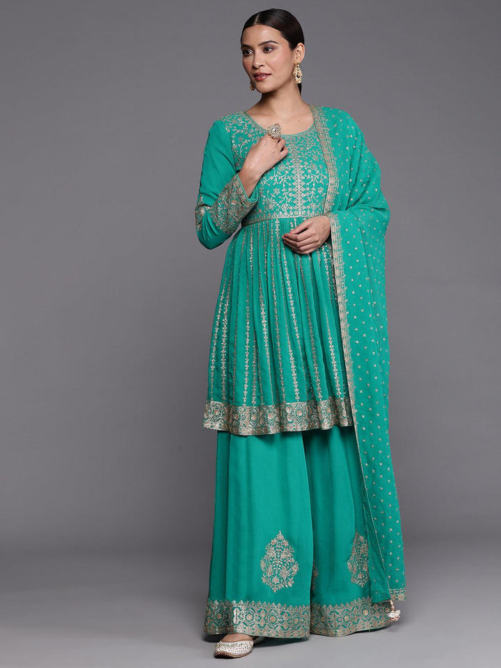 Libas Art Rama Green Embroidered Georgette Anarkali Kurta With Palazzos & Dupatta - ShopLibas