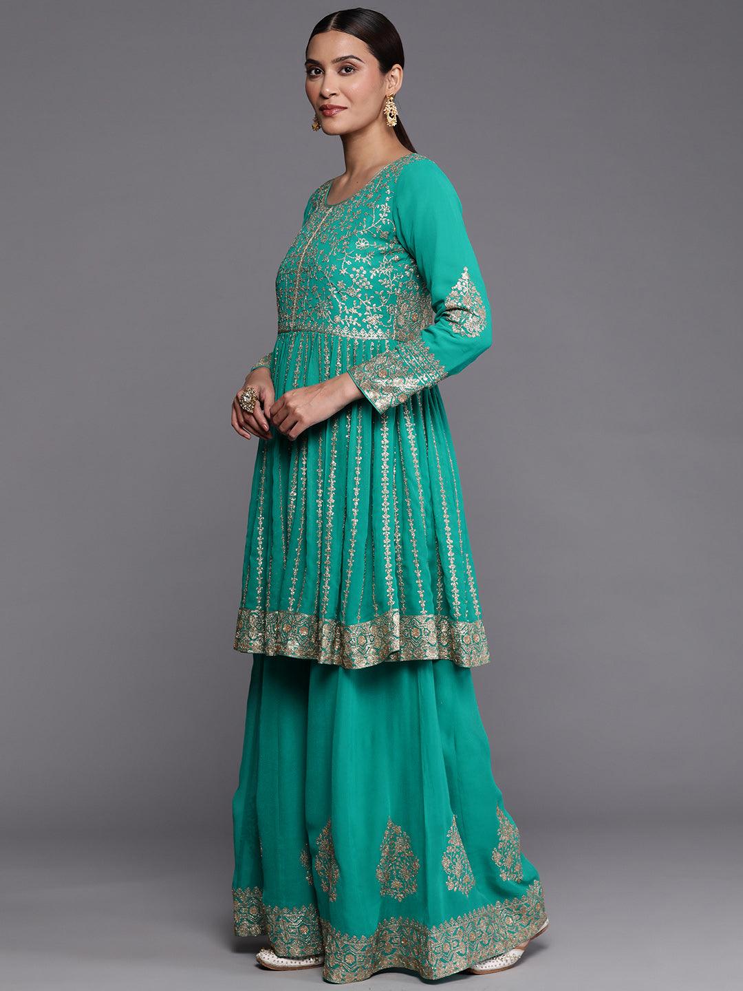 Libas Art Rama Green Embroidered Georgette Anarkali Kurta With Palazzos & Dupatta - ShopLibas