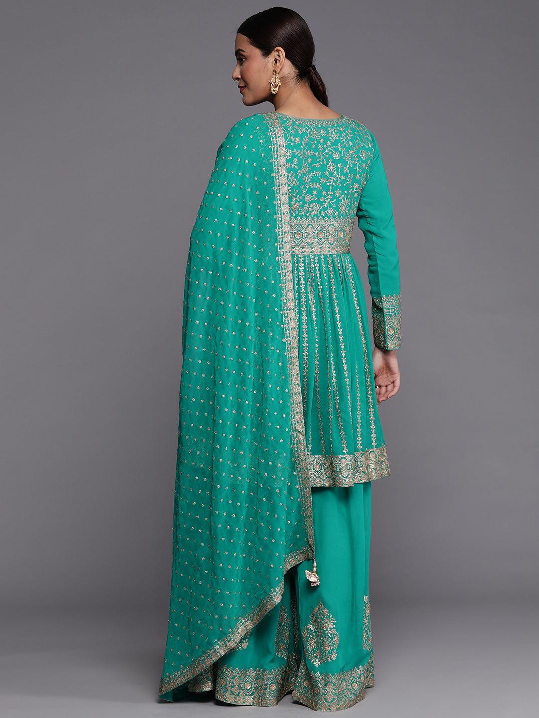 Libas Art Rama Green Embroidered Georgette Anarkali Kurta With Palazzos & Dupatta - ShopLibas