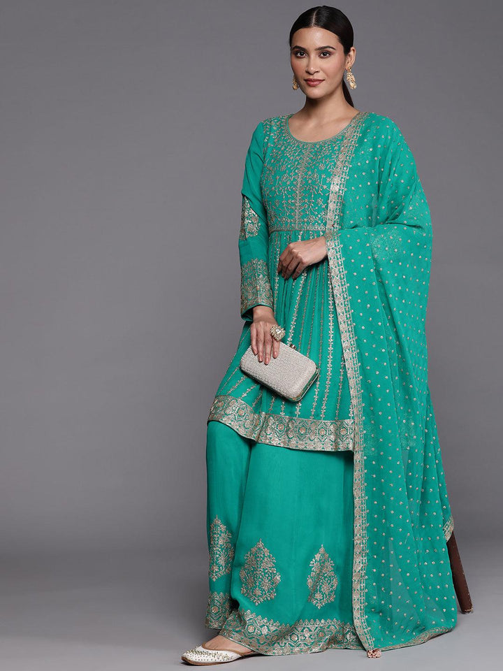 Libas Art Rama Green Embroidered Georgette Anarkali Kurta With Palazzos & Dupatta - ShopLibas