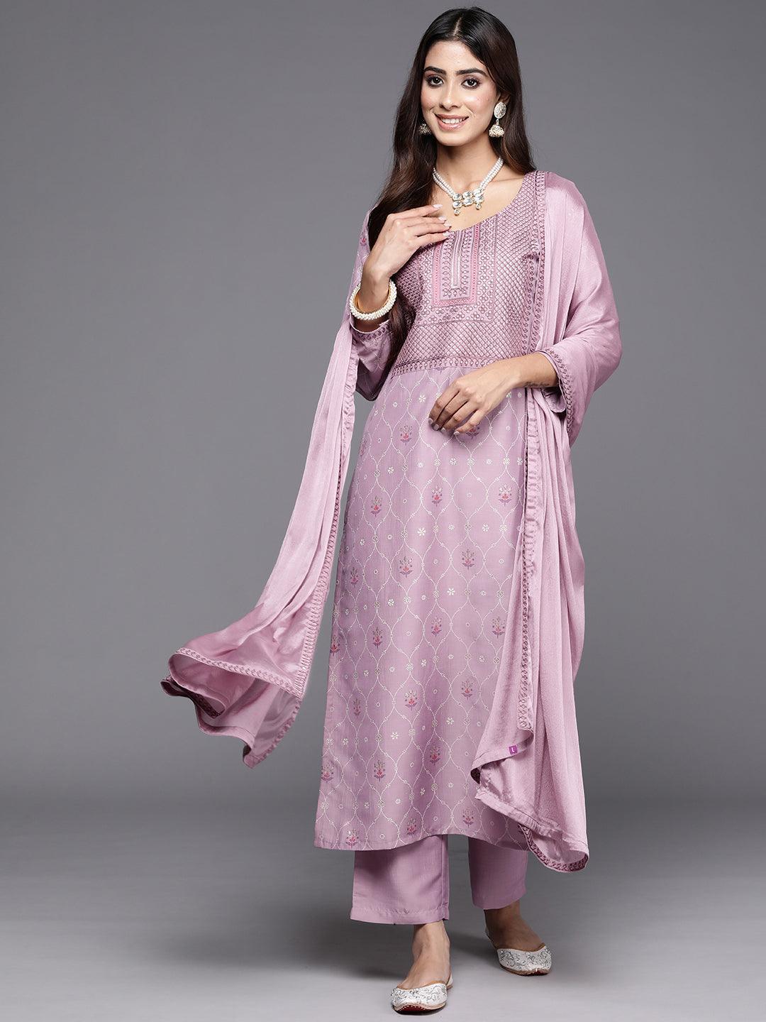 Mauve Printed Silk Blend Straight Kurta With Trousers & Dupatta - ShopLibas