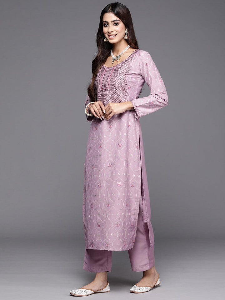 Mauve Printed Silk Blend Straight Kurta With Trousers & Dupatta - ShopLibas