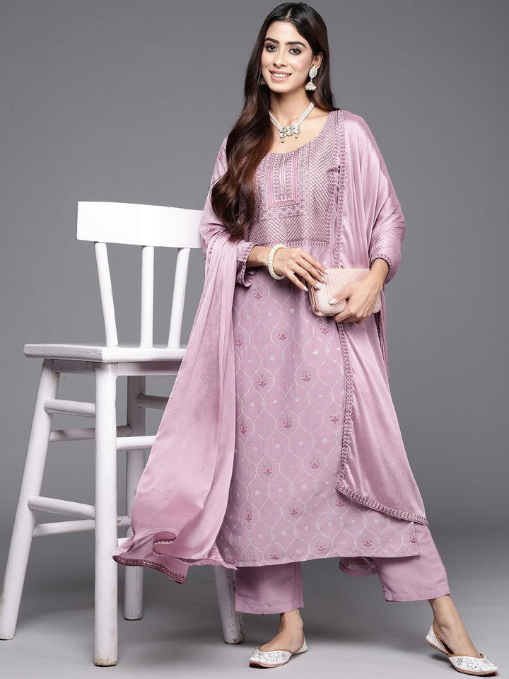 Mauve Printed Silk Blend Straight Kurta With Trousers & Dupatta - ShopLibas