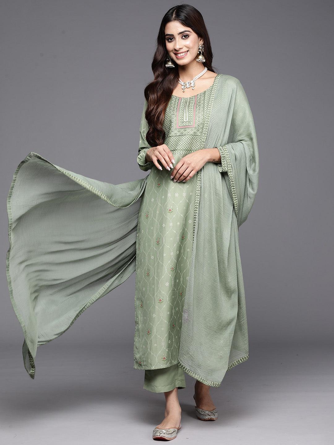 Green Printed Silk Blend Straight Suit With Dupatta