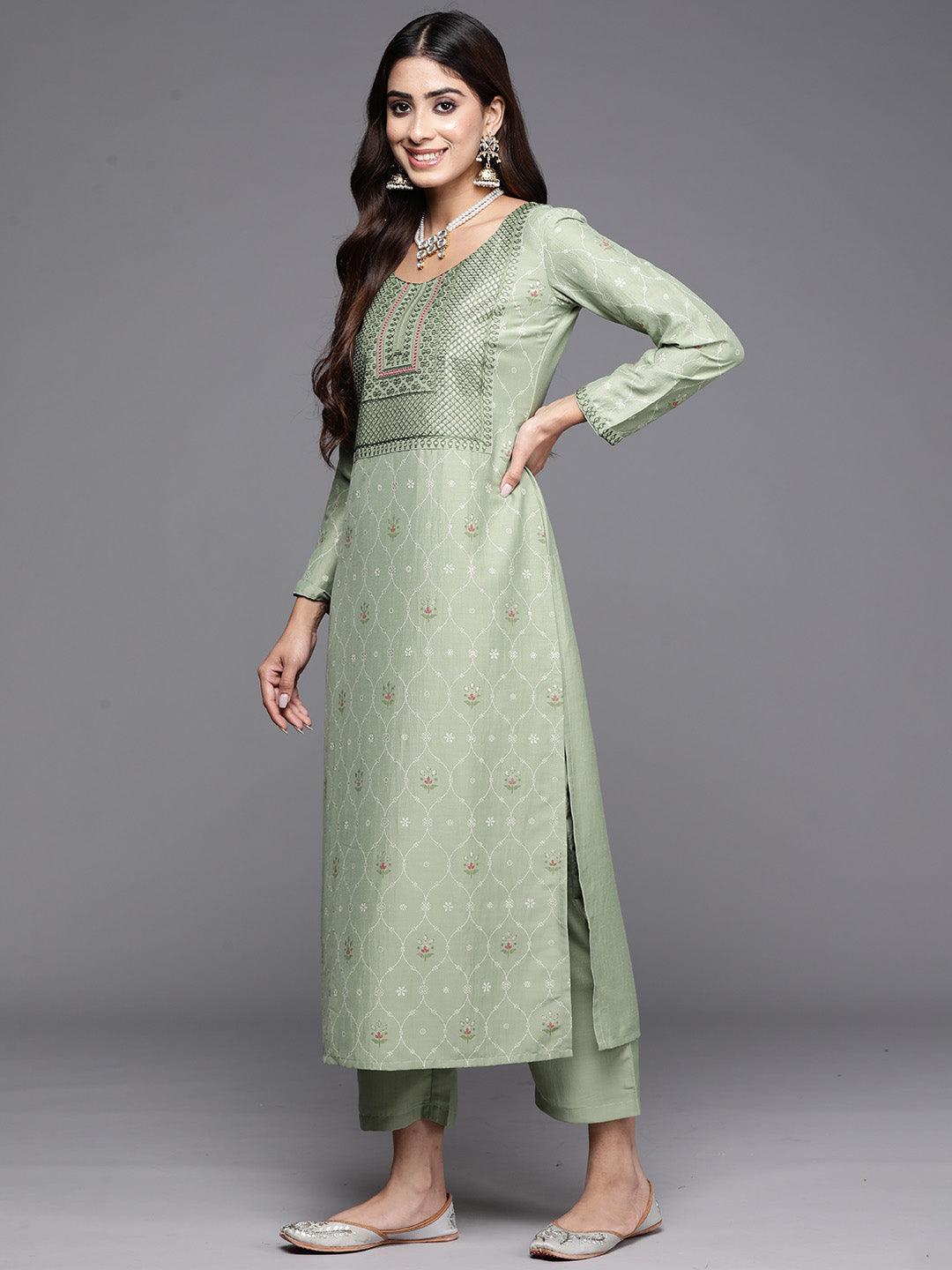 Green Printed Silk Blend Straight Suit With Dupatta