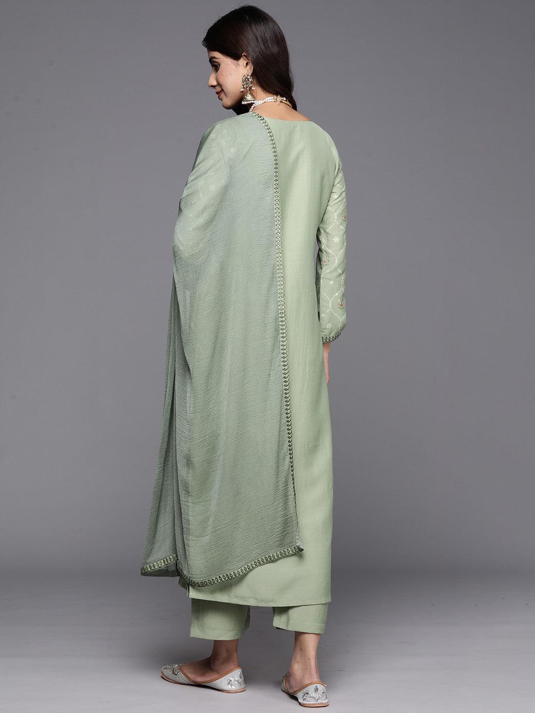 Green Printed Silk Blend Straight Suit With Dupatta