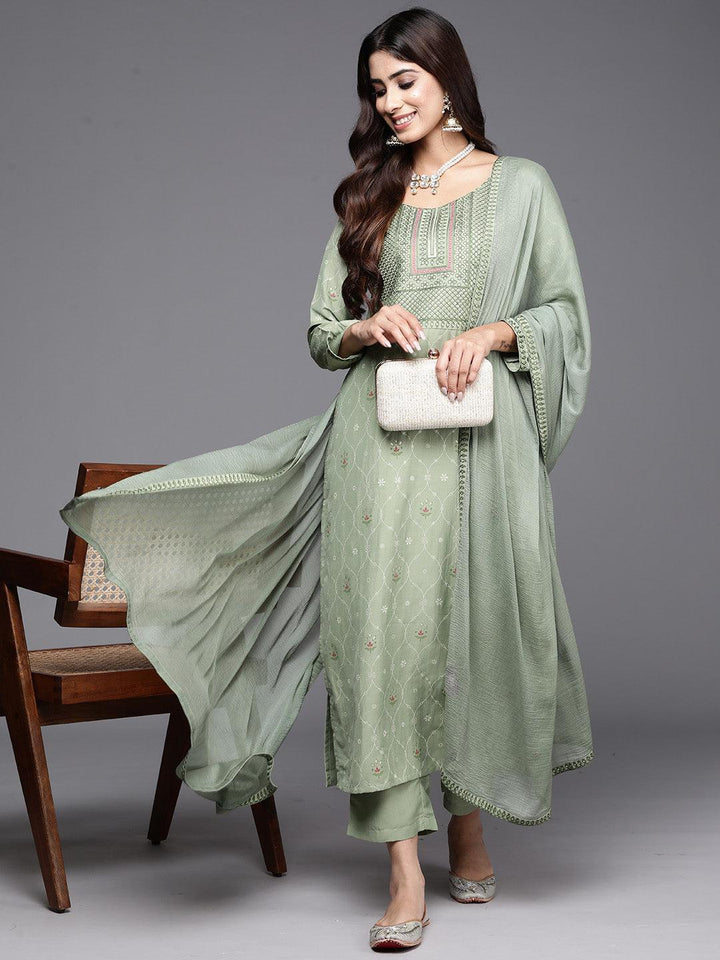 Green Printed Silk Blend Straight Kurta With Trousers & Dupatta - ShopLibas