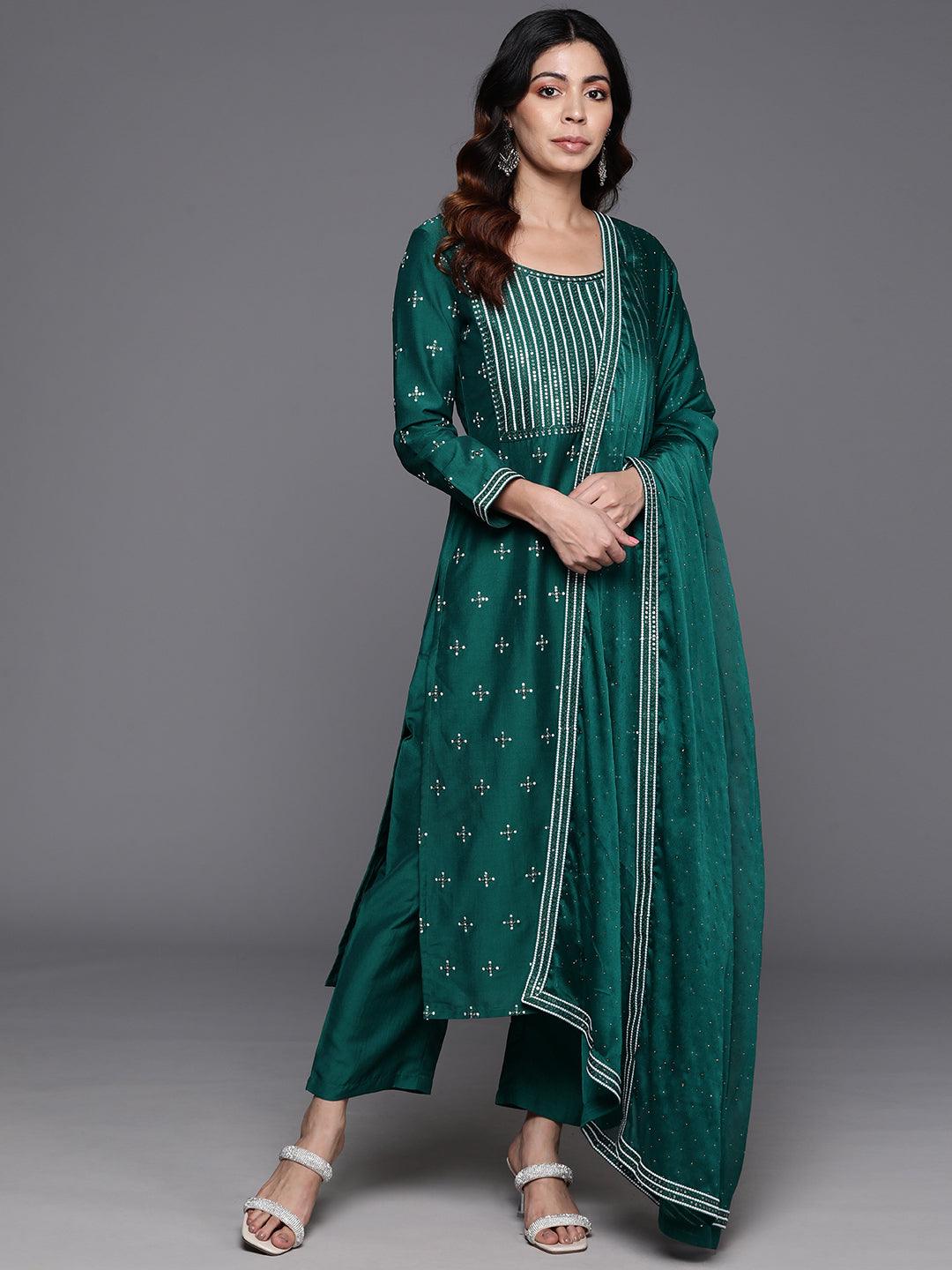 Green Embroidered Silk Blend Straight Suit With Dupatta