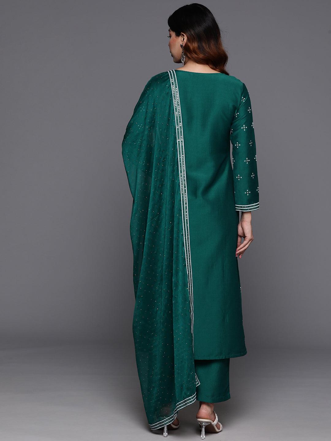 Green Embroidered Silk Blend Straight Suit With Dupatta