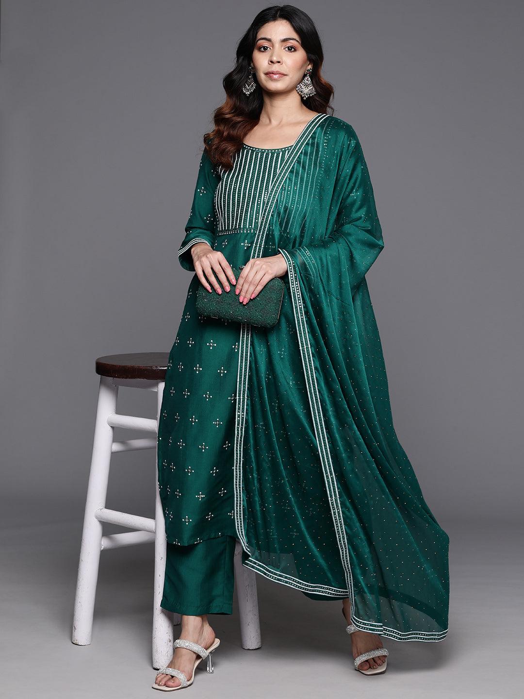 Green Embroidered Silk Blend Straight Suit With Dupatta