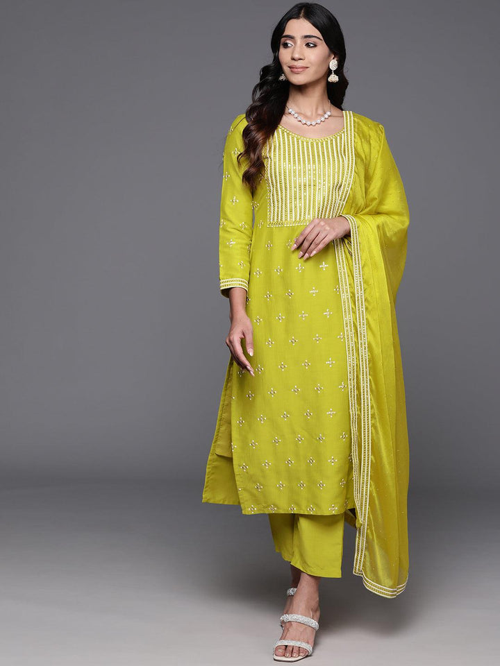 Mustard Embroidered Silk Blend Straight Kurta With Trousers & Dupatta - ShopLibas