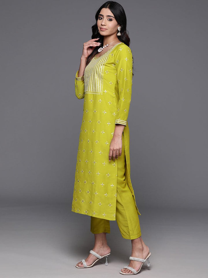 Mustard Embroidered Silk Blend Straight Kurta With Trousers & Dupatta - ShopLibas