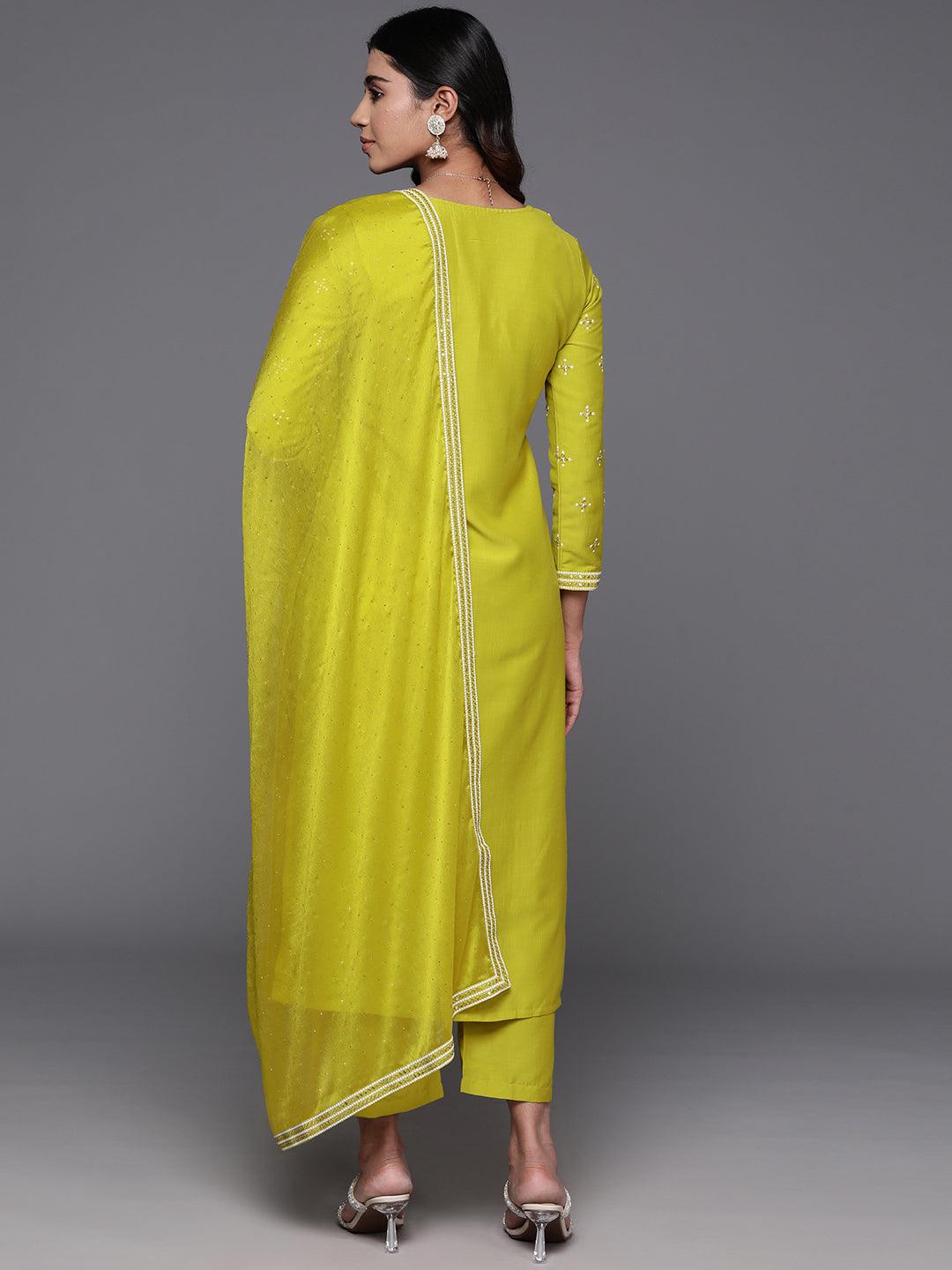 Mustard Embroidered Silk Blend Straight Kurta With Trousers & Dupatta - ShopLibas