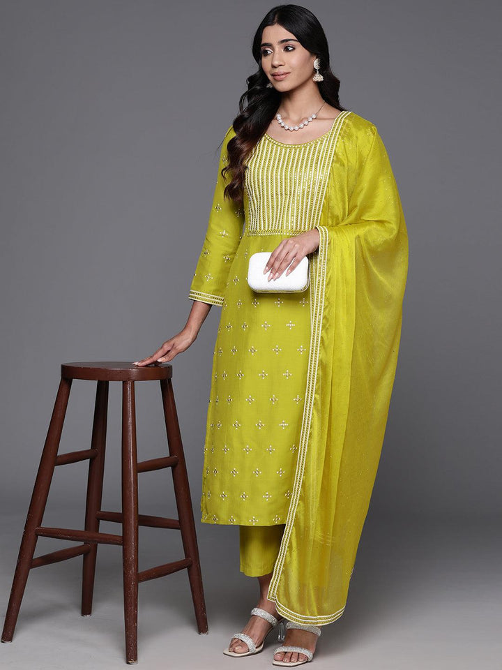 Mustard Embroidered Silk Blend Straight Kurta With Trousers & Dupatta - ShopLibas