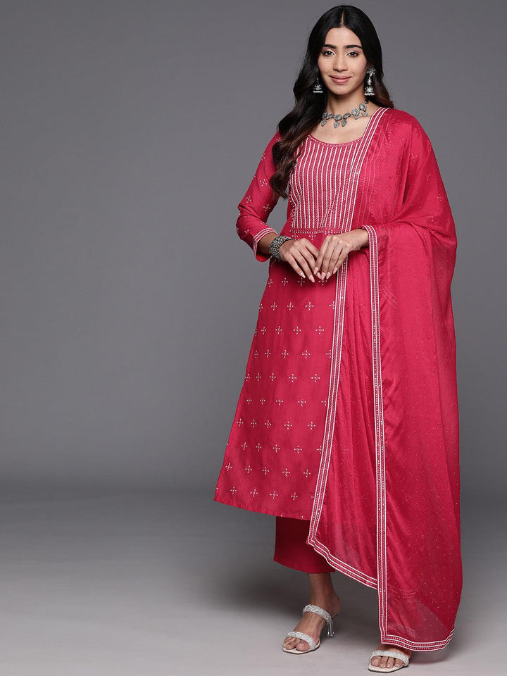 Pink Embroidered Silk Blend Straight Kurta With Trousers & Dupatta - ShopLibas