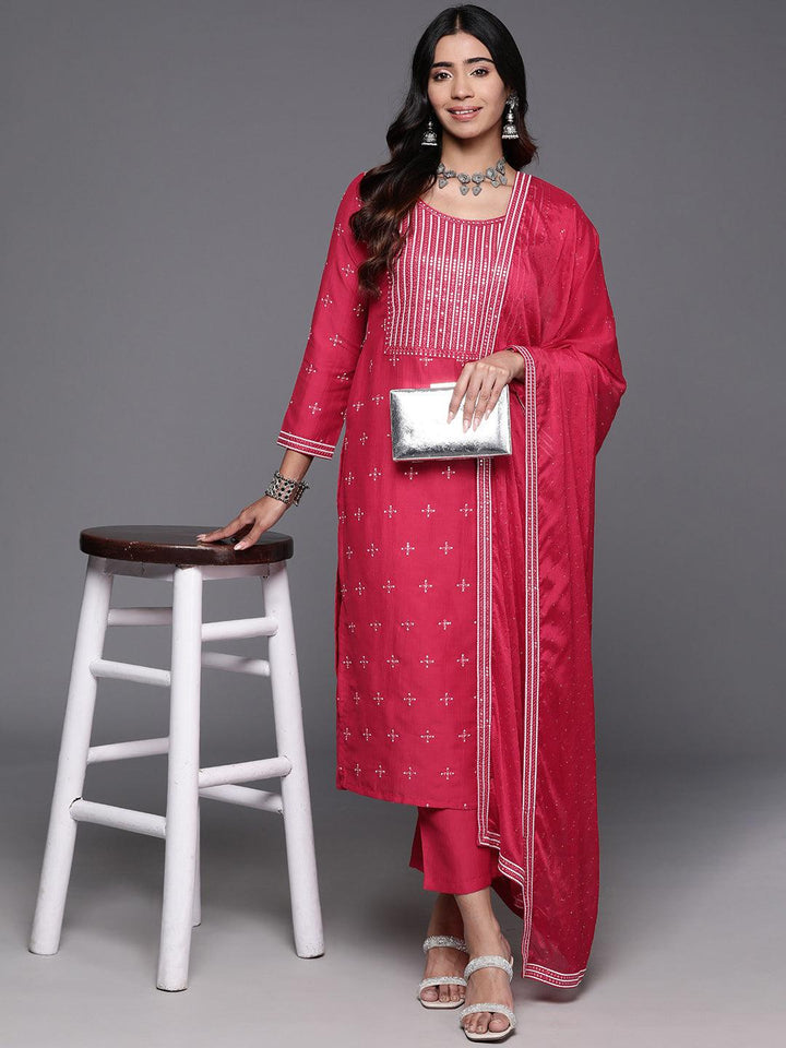 Pink Embroidered Silk Blend Straight Kurta With Trousers & Dupatta - ShopLibas