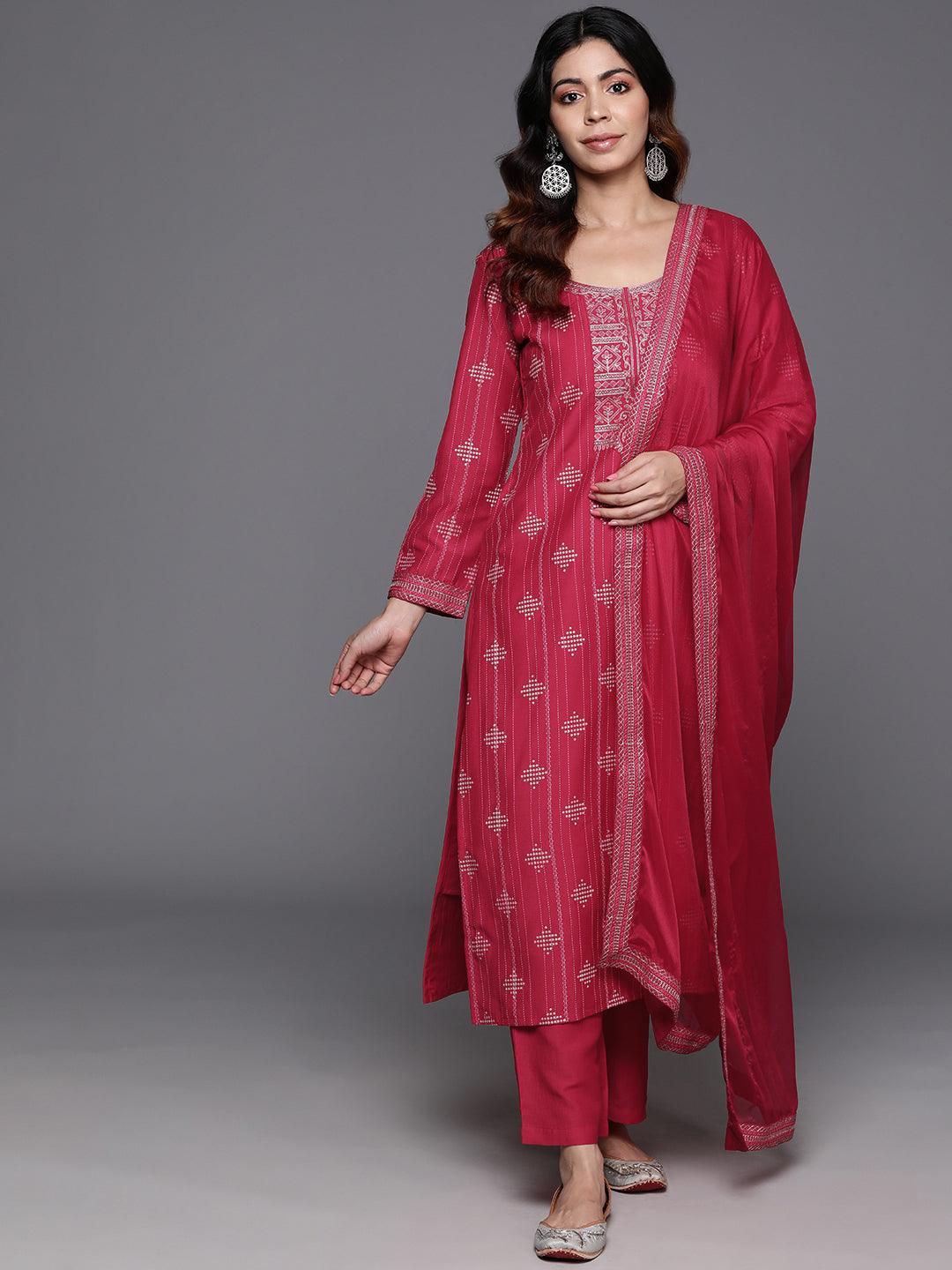 Pink Printed Silk Blend Straight Suit With Dupatta