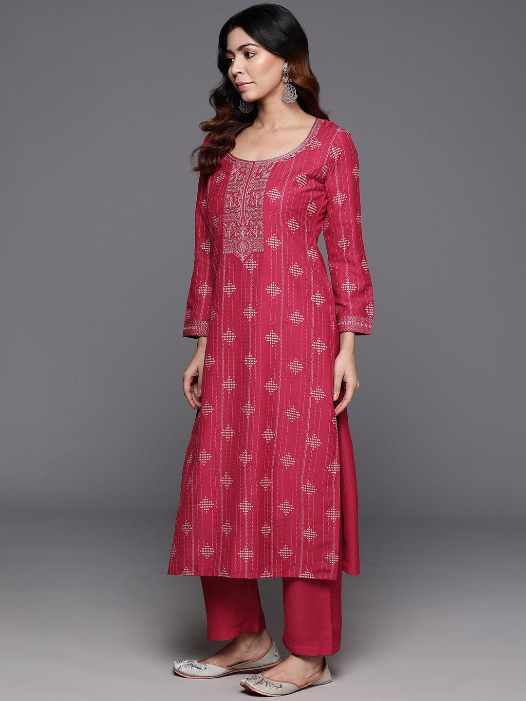 Pink Printed Silk Blend Straight Suit With Dupatta