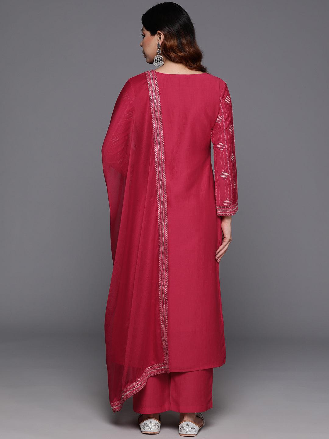 Pink Printed Silk Blend Straight Kurta With Trousers & Dupatta - ShopLibas