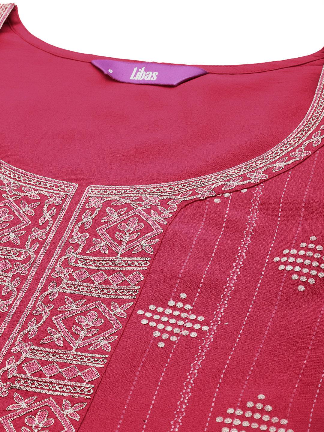 Pink Printed Silk Blend Straight Suit With Dupatta