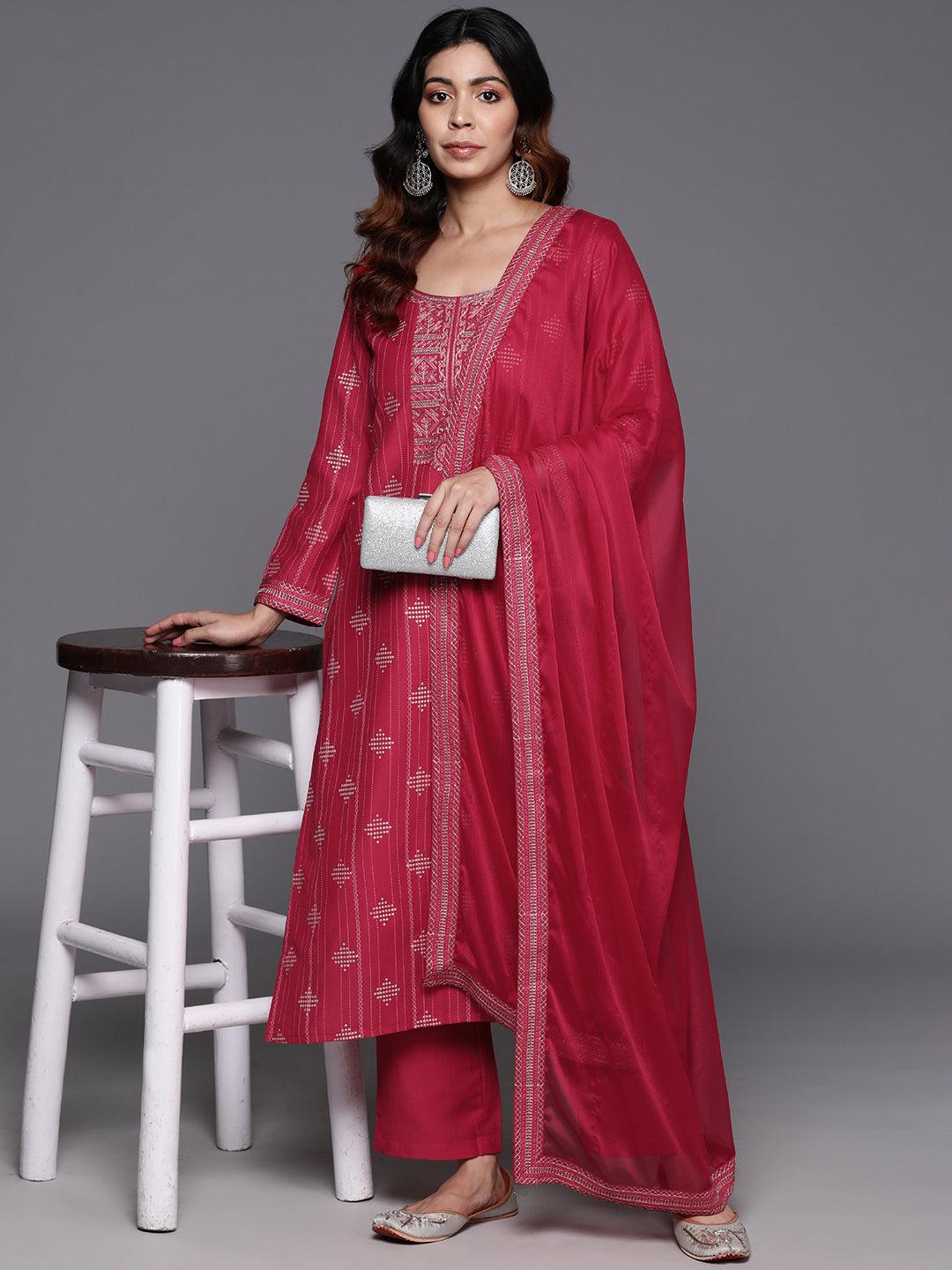 Pink Printed Silk Blend Straight Suit With Dupatta