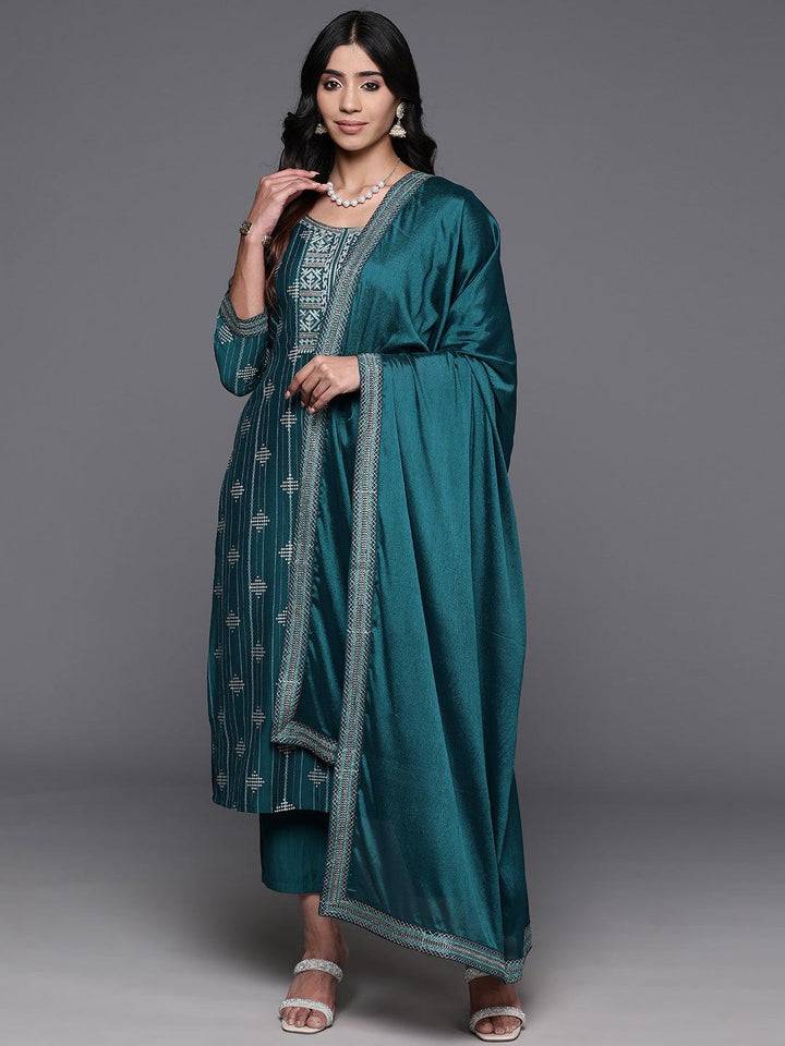 Teal Printed Silk Blend Straight Kurta With Trousers & Dupatta - ShopLibas