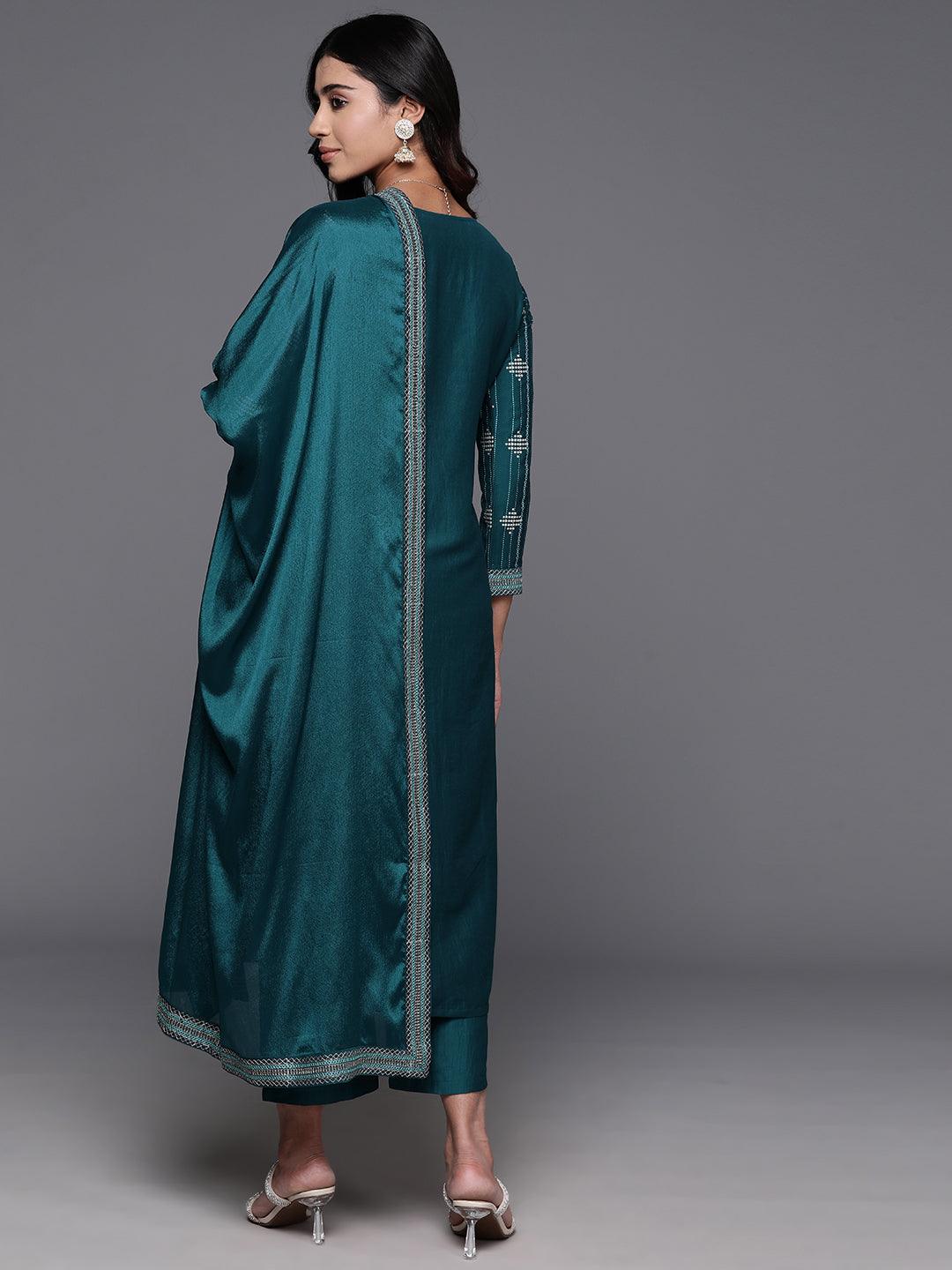 Teal Printed Silk Blend Straight Kurta With Trousers & Dupatta - ShopLibas