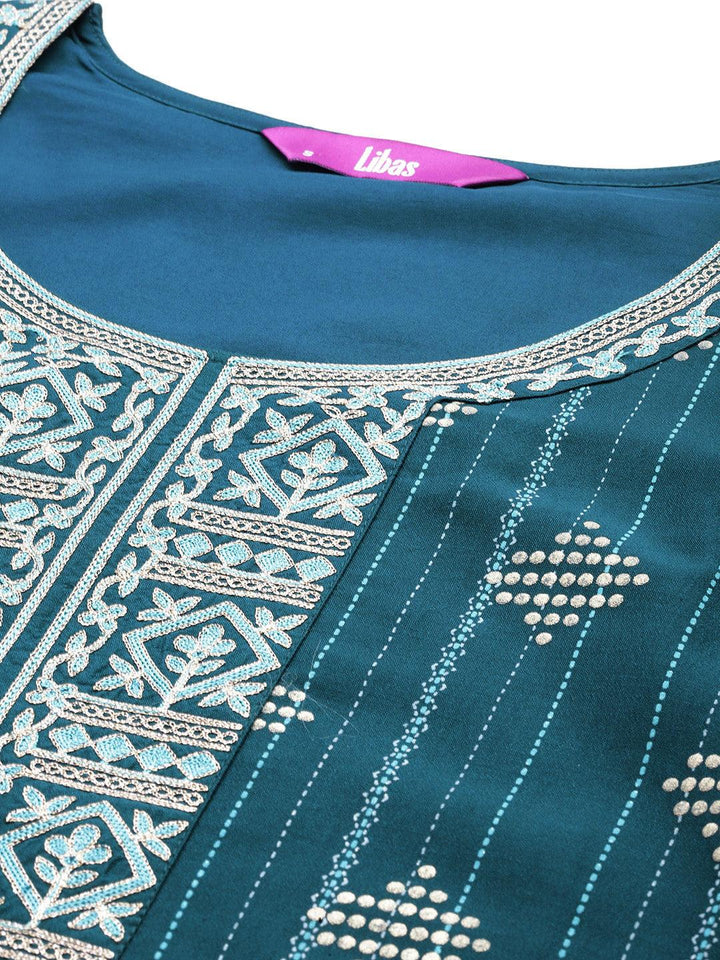 Teal Printed Silk Blend Straight Kurta With Trousers & Dupatta - ShopLibas