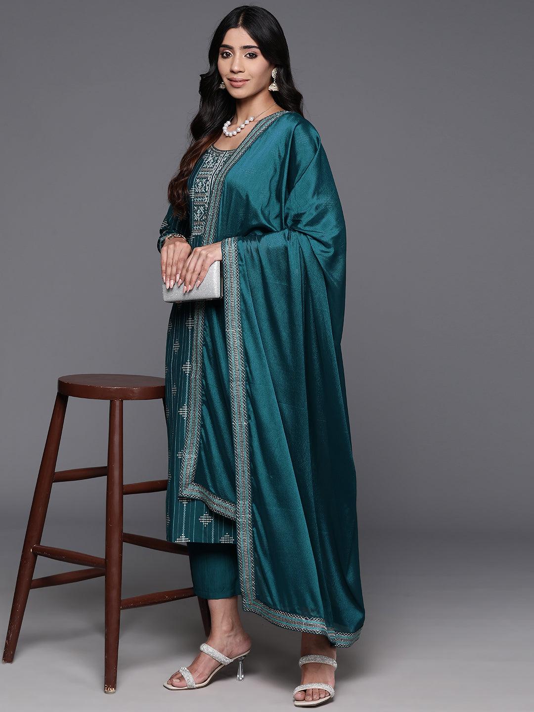 Teal Printed Silk Blend Straight Kurta With Trousers & Dupatta - ShopLibas