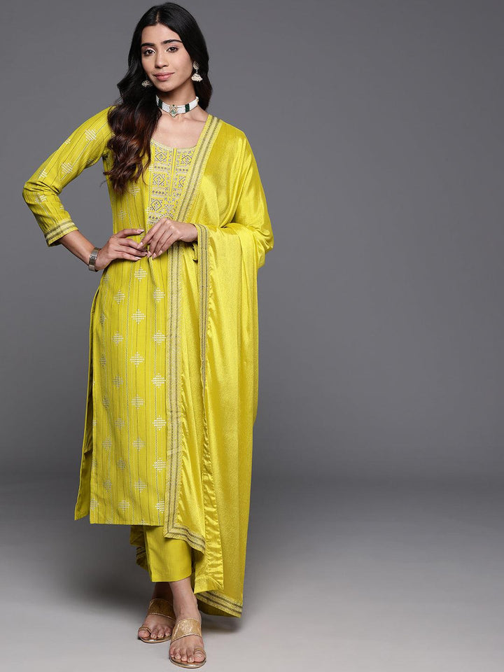 Mustard Printed Silk Blend Straight Kurta With Trousers & Dupatta - ShopLibas