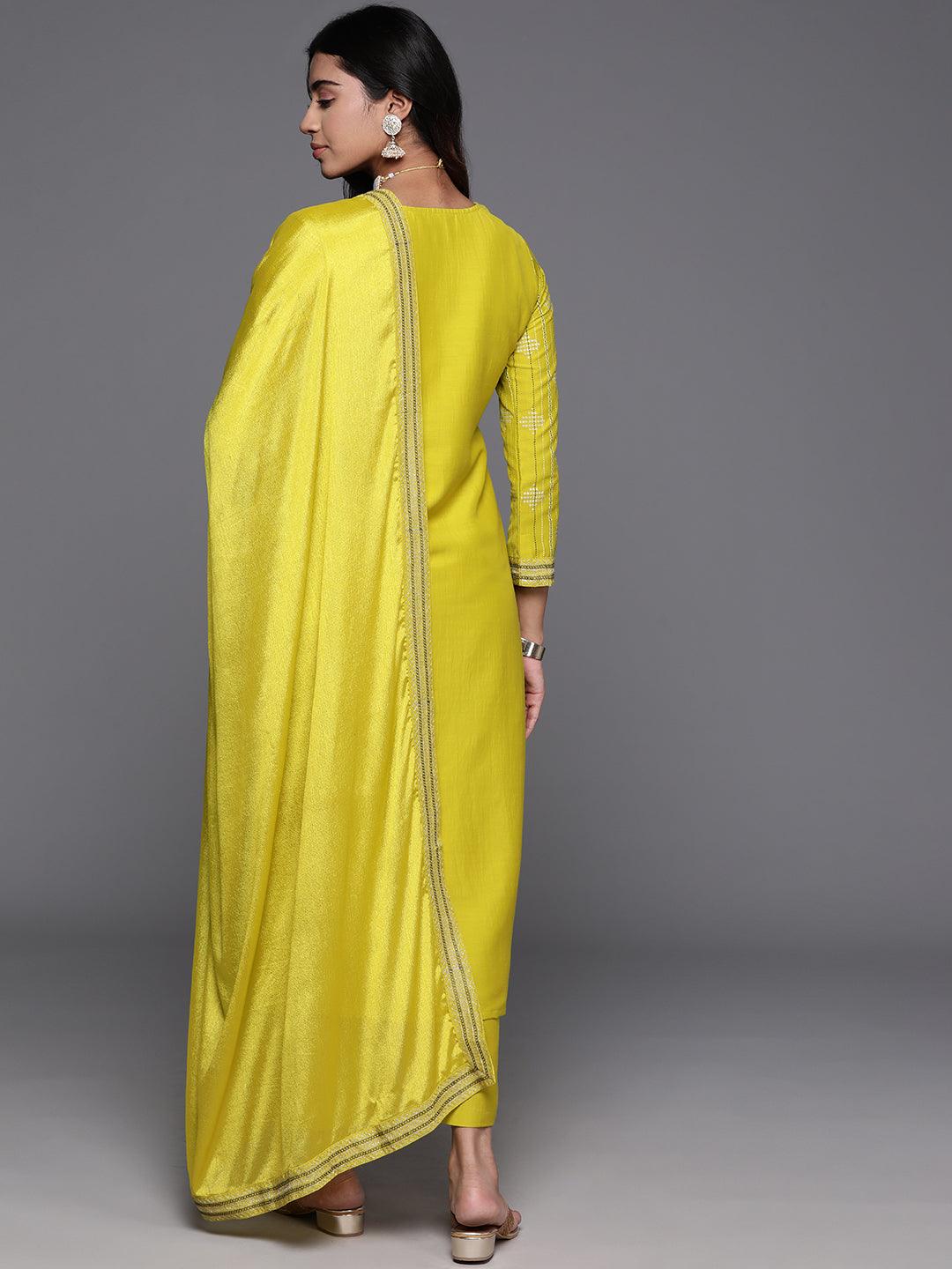 Mustard Printed Silk Blend Straight Kurta With Trousers & Dupatta - ShopLibas