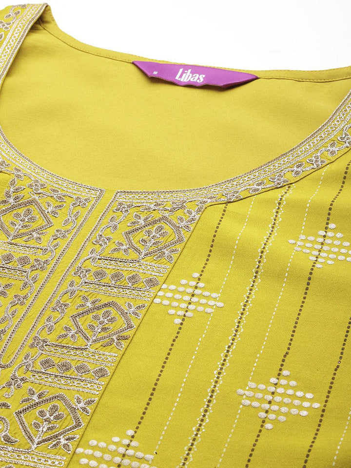 Mustard Printed Silk Blend Straight Kurta With Trousers & Dupatta - ShopLibas