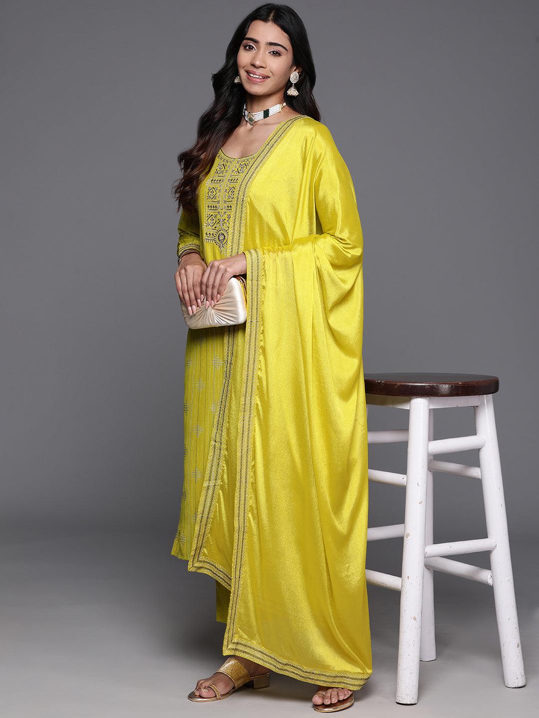 Mustard Printed Silk Blend Straight Kurta With Trousers & Dupatta - ShopLibas