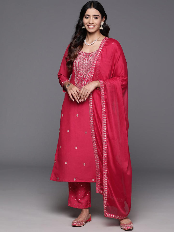 Pink Yoke Design Silk Blend Straight Kurta With Trousers & Dupatta - ShopLibas