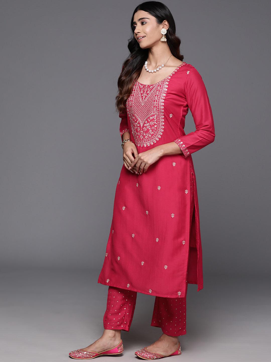 Pink Yoke Design Silk Blend Straight Kurta With Trousers & Dupatta - ShopLibas