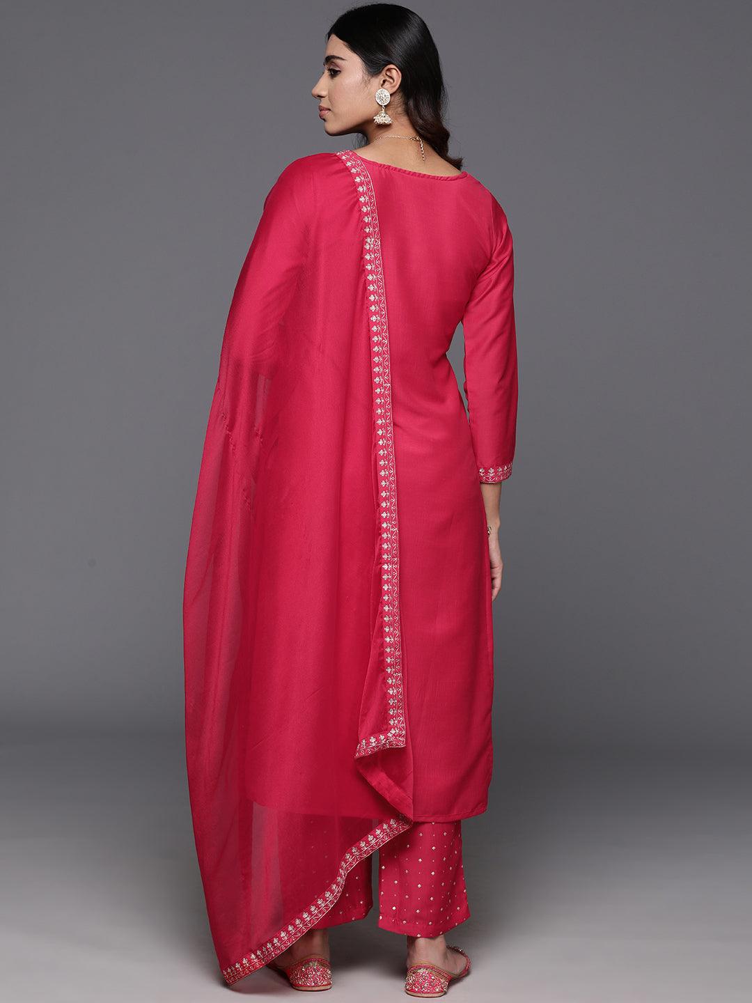 Pink Yoke Design Silk Blend Straight Suit With Dupatta