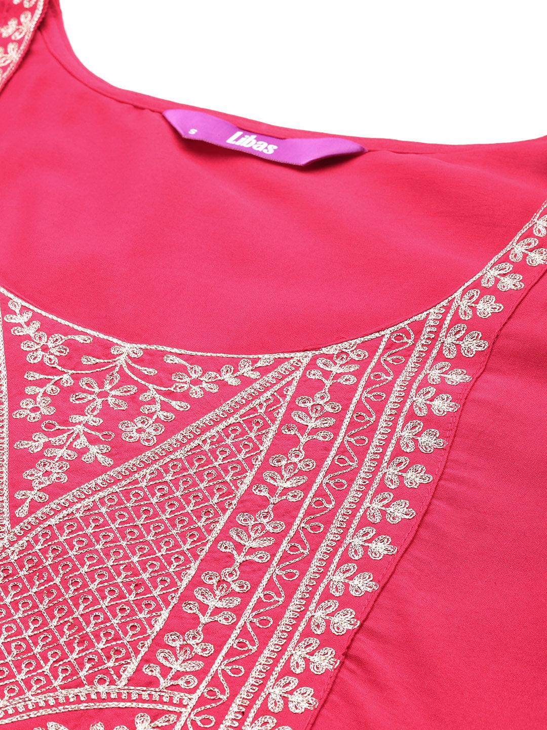 Pink Yoke Design Silk Blend Straight Kurta With Trousers & Dupatta - ShopLibas