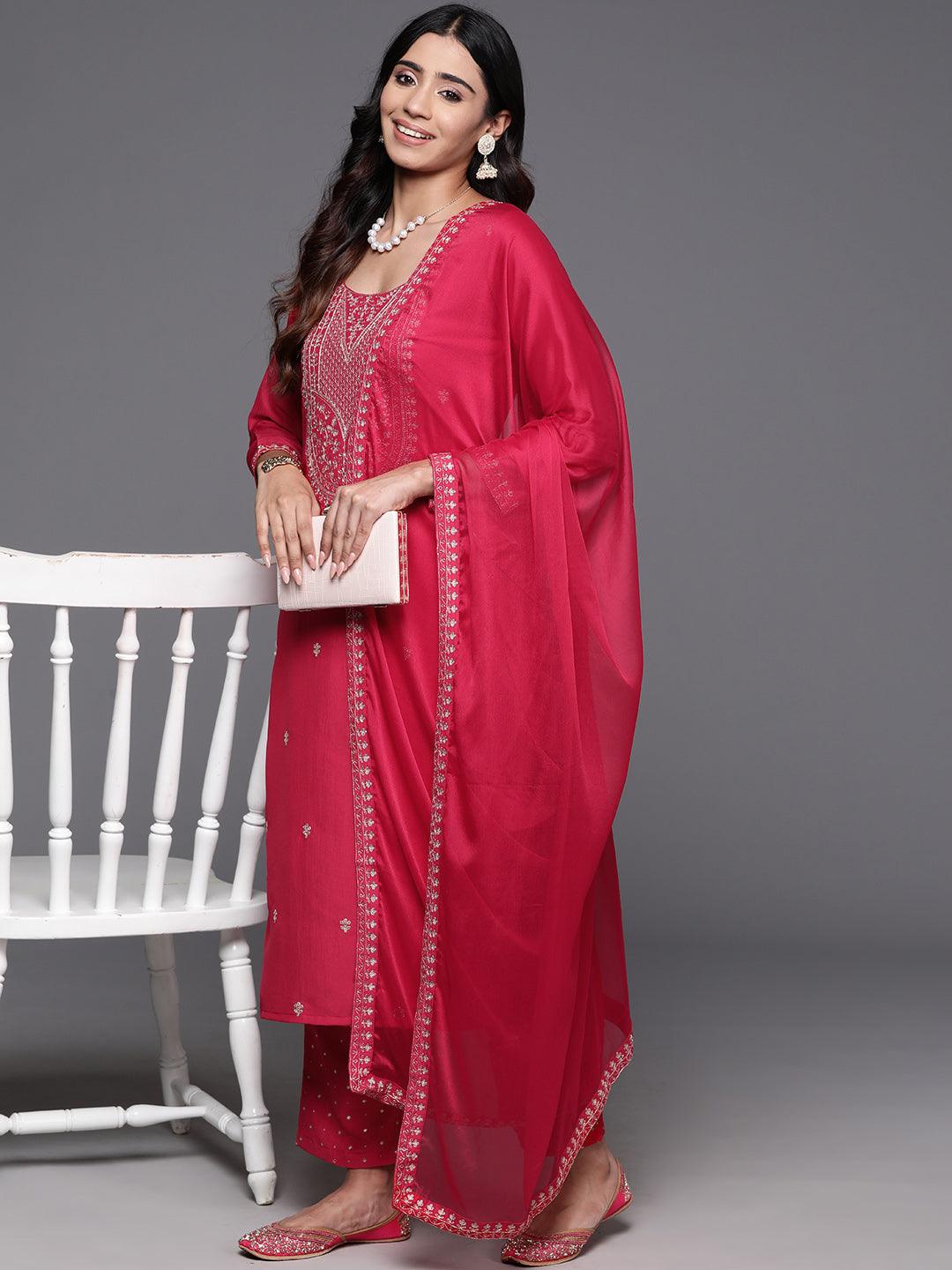 Pink Yoke Design Silk Blend Straight Suit With Dupatta