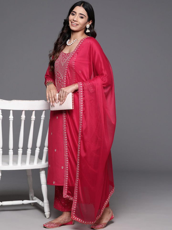 Pink Yoke Design Silk Blend Straight Kurta With Trousers & Dupatta - ShopLibas