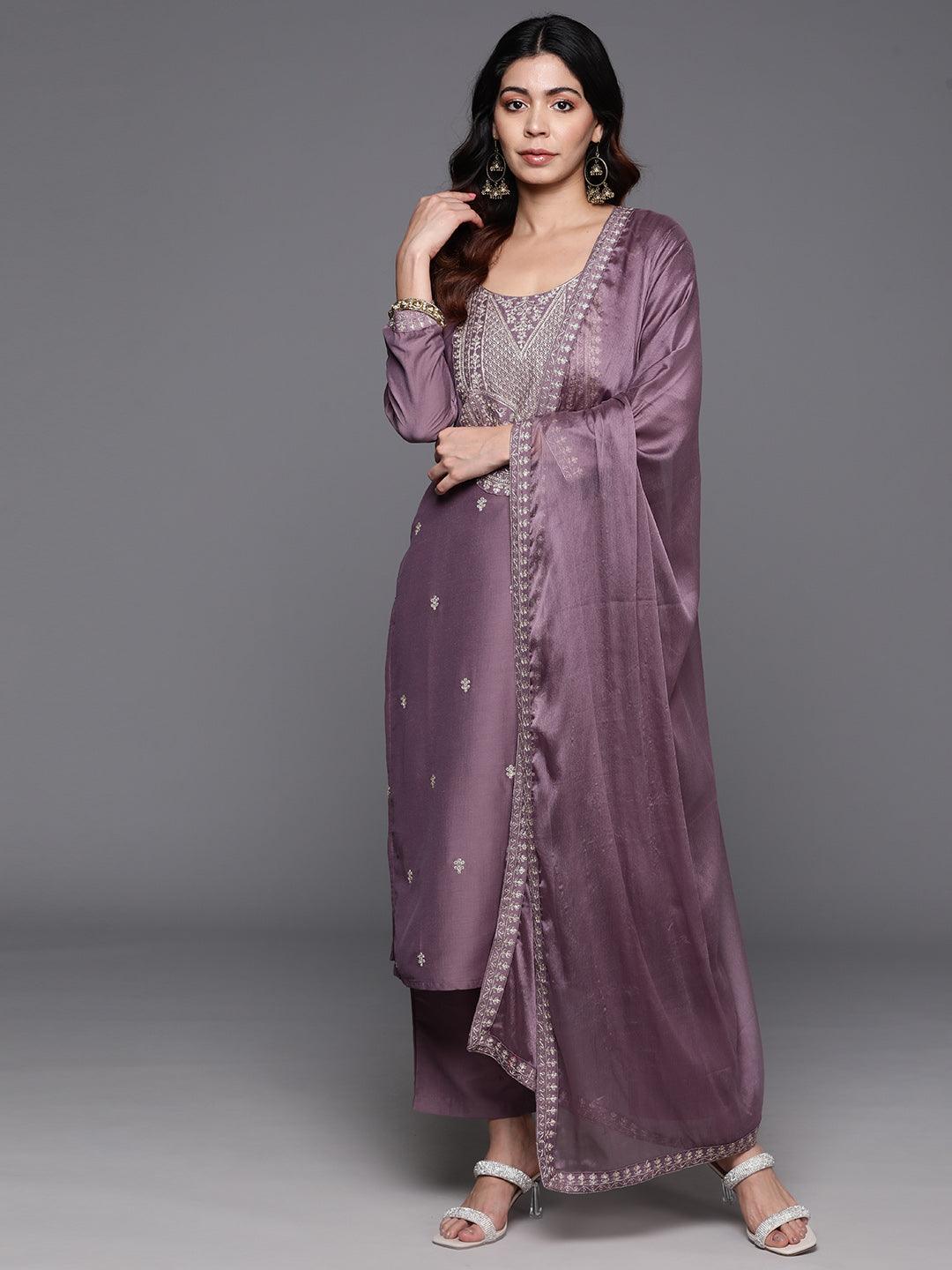 Mauve Yoke Design Silk Blend Straight Kurta With Trousers & Dupatta - ShopLibas